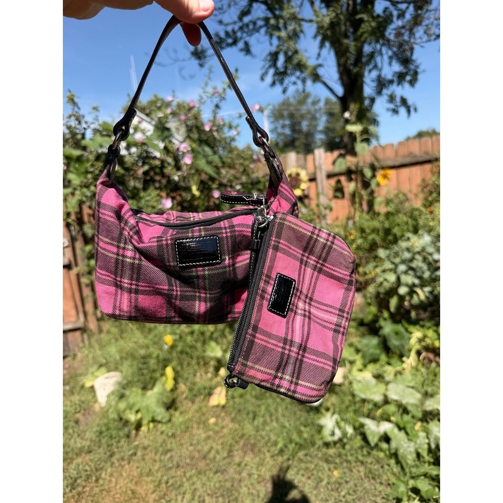 COACH Y2K Hot Pink Plaid Shoulder Bag with Matching Pouch